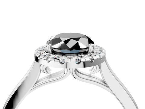 White gold Fancy Black Oval Cut Halo Round Diamond Solitaire Ring with Pavé Band and Four-Prong Setting_4