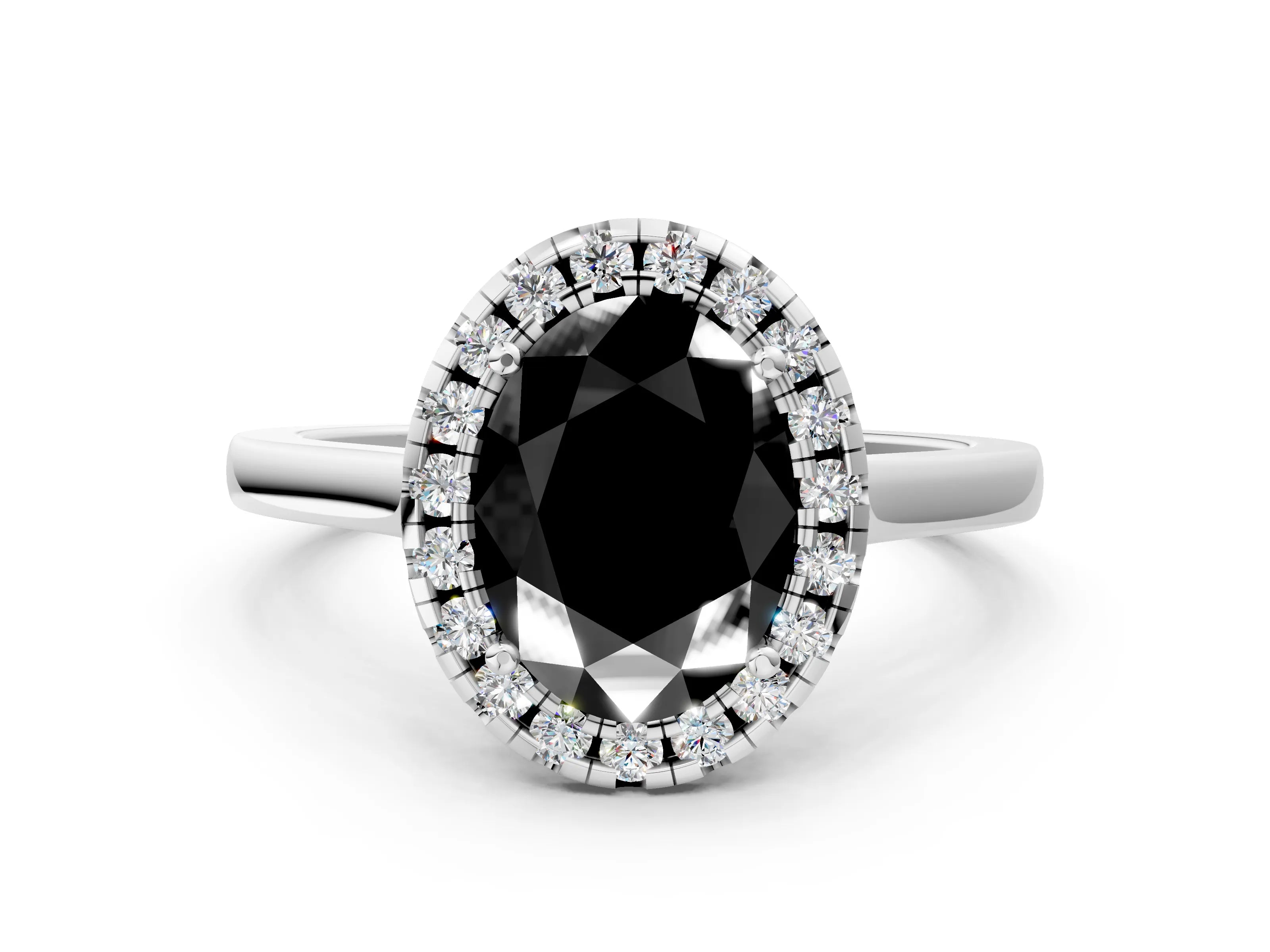 White gold Fancy Black Oval Cut Halo Round Diamond Solitaire Ring with Pavé Band and Four-Prong Setting