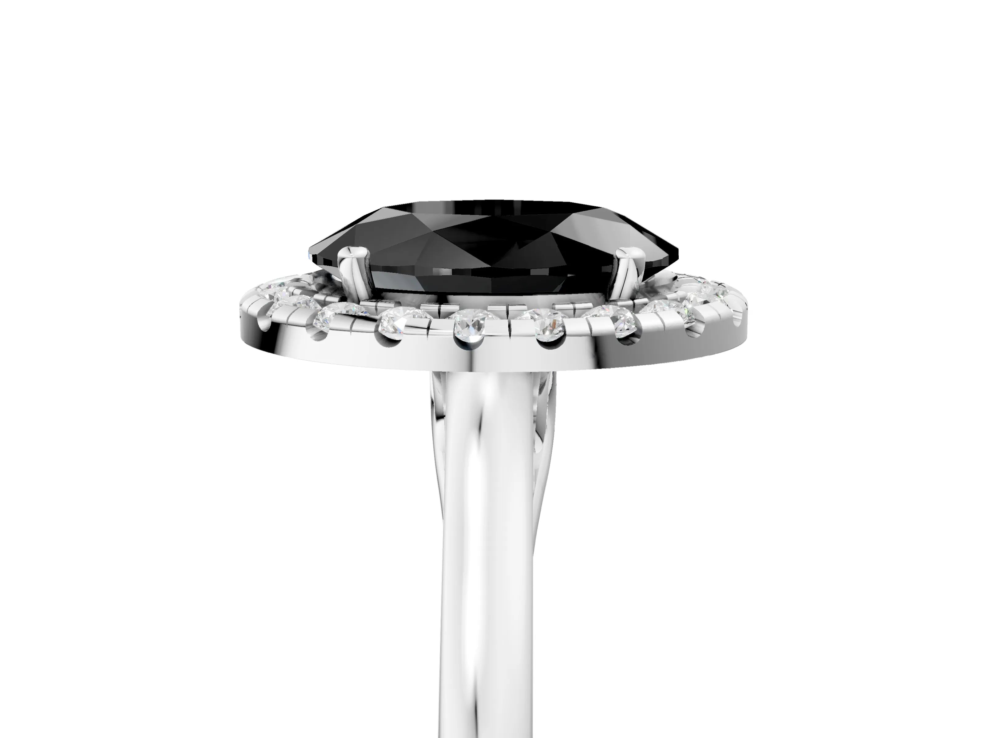 White gold Fancy Black Oval Cut Halo Round Diamond Solitaire Ring with Pavé Band and Four-Prong Setting_5