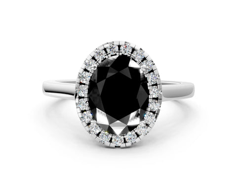 White gold Fancy Black Oval Cut Halo Round Diamond Solitaire Ring with Pavé Band and Four-Prong Setting