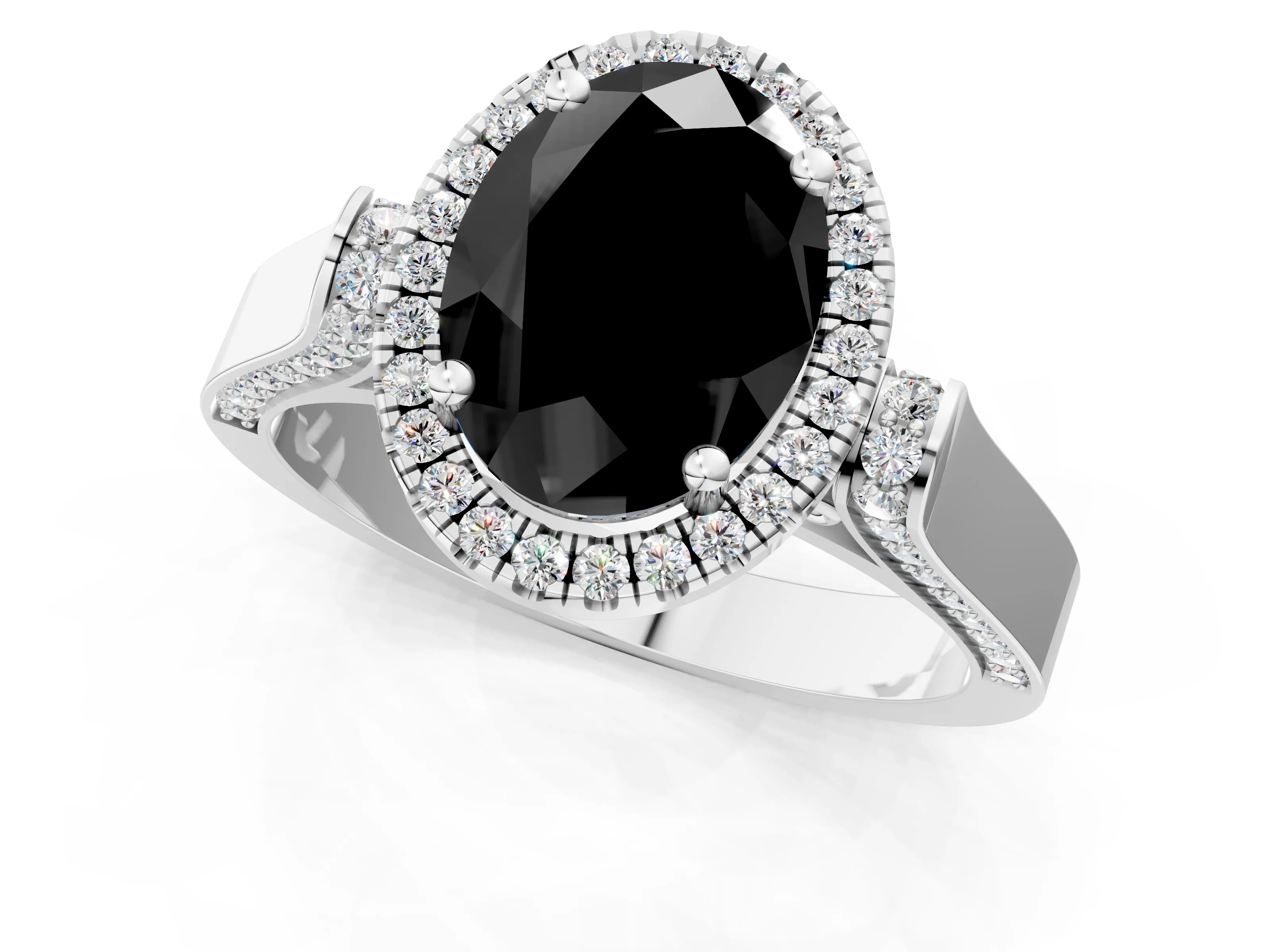 White gold Fancy Black Oval Cut Halo Round Diamond Twist Band with Four-Prong Setting_1