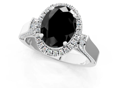 White gold Fancy Black Oval Cut Halo Round Diamond Twist Band with Four-Prong Setting_1
