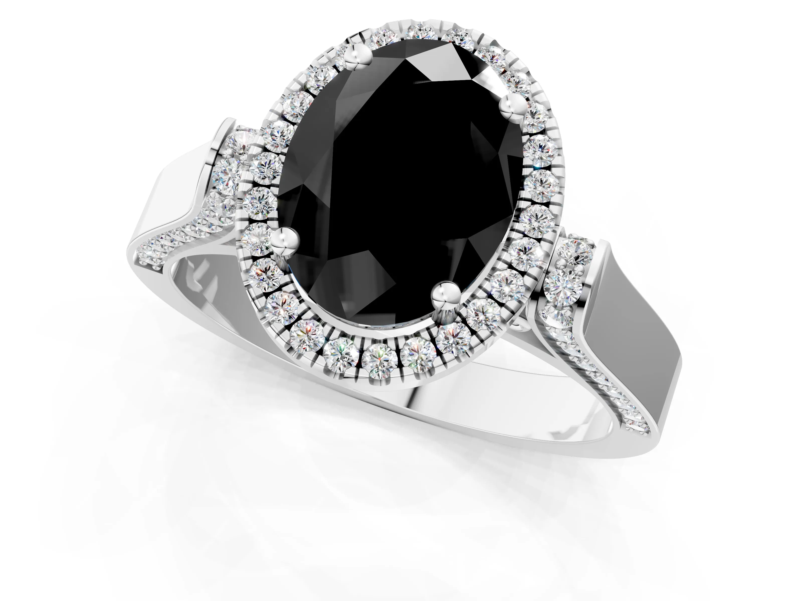 White gold Fancy Black Oval Cut Halo Round Diamond Twist Band with Four-Prong Setting_25