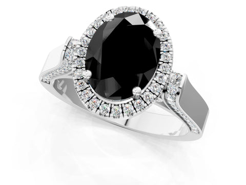 White gold Fancy Black Oval Cut Halo Round Diamond Twist Band with Four-Prong Setting_25