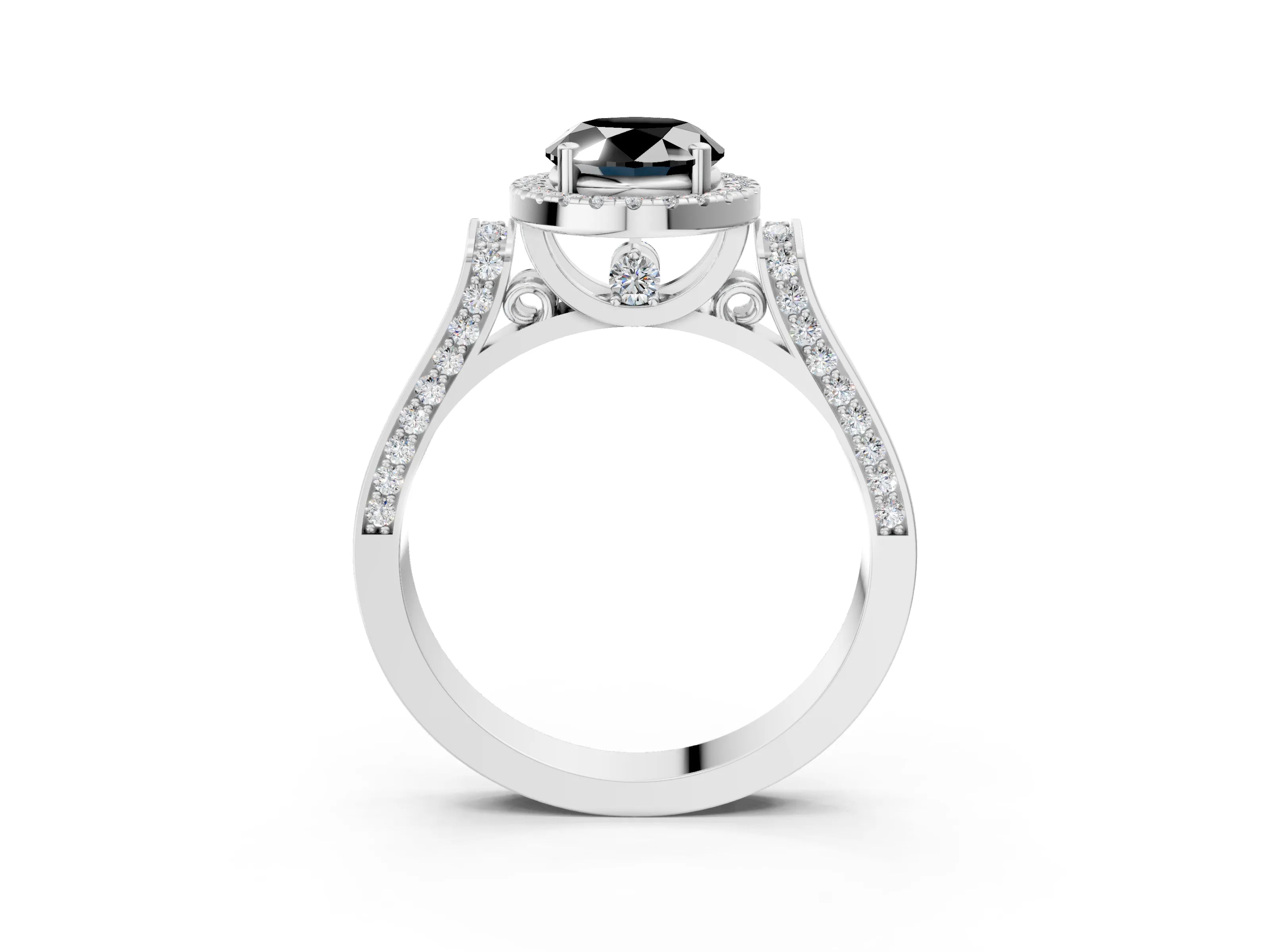 White gold Fancy Black Oval Cut Halo Round Diamond Twist Band with Four-Prong Setting_27