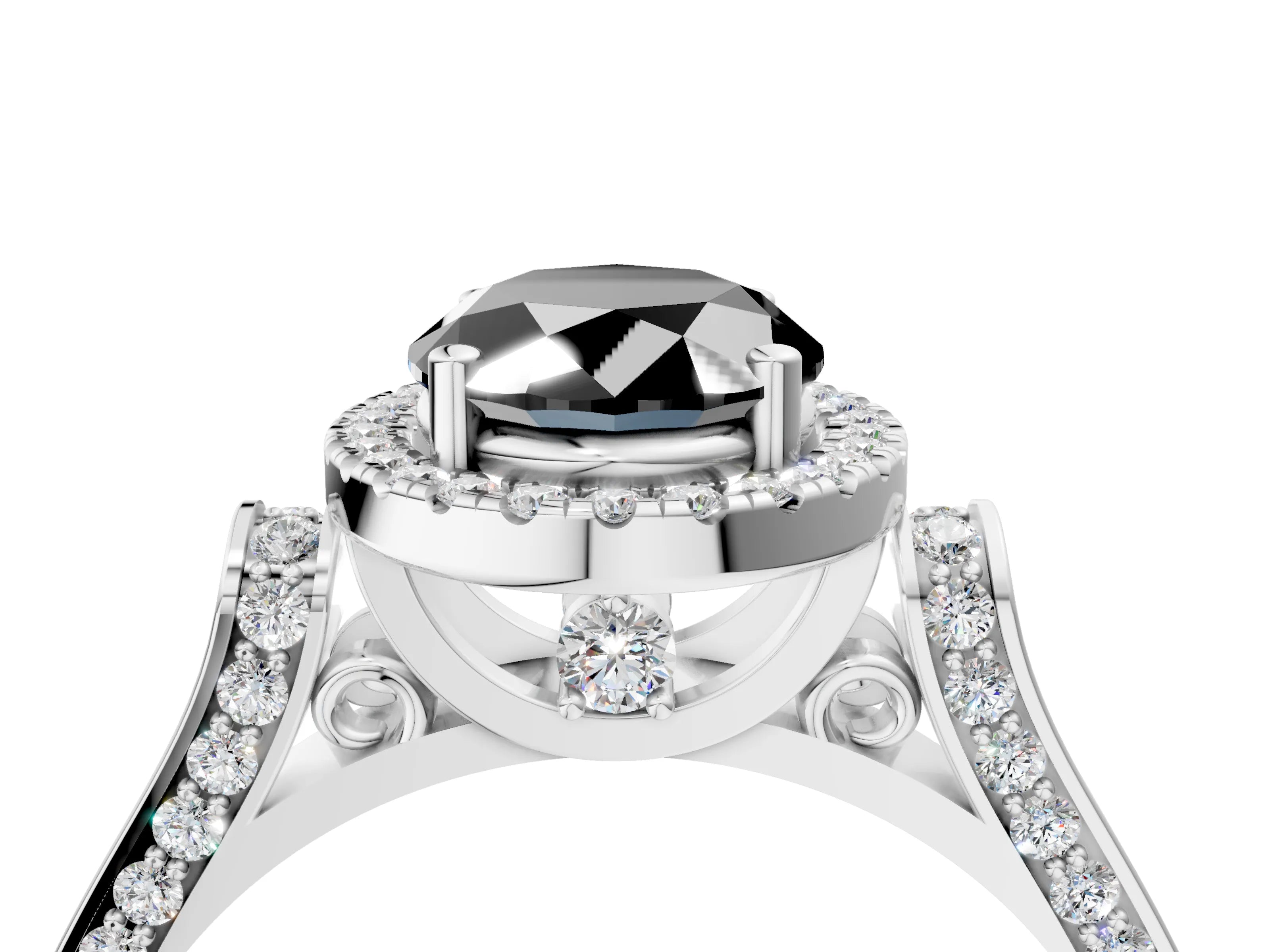 White gold Fancy Black Oval Cut Halo Round Diamond Twist Band with Four-Prong Setting_28