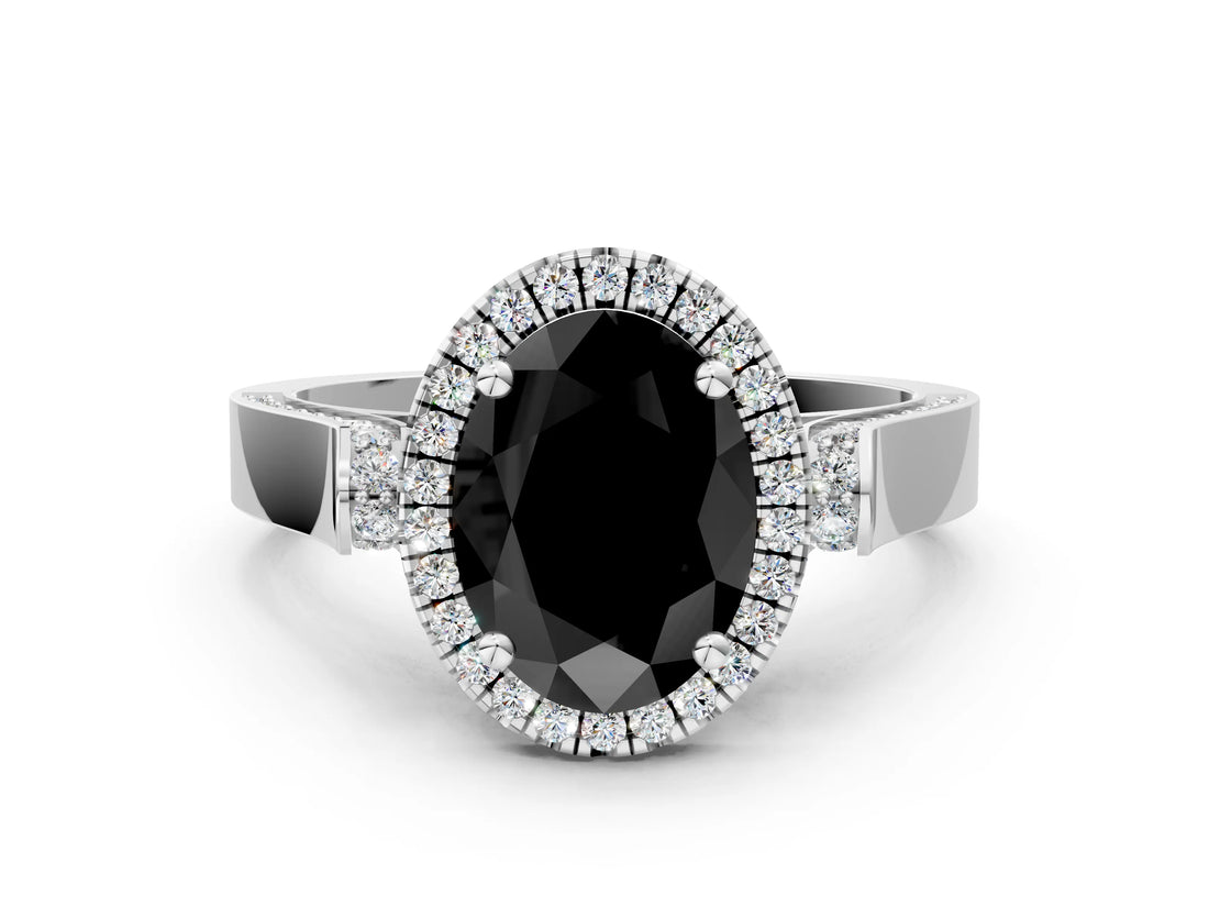 White gold Fancy Black Oval Cut Halo Round Diamond Twist Band with Four-Prong Setting_30