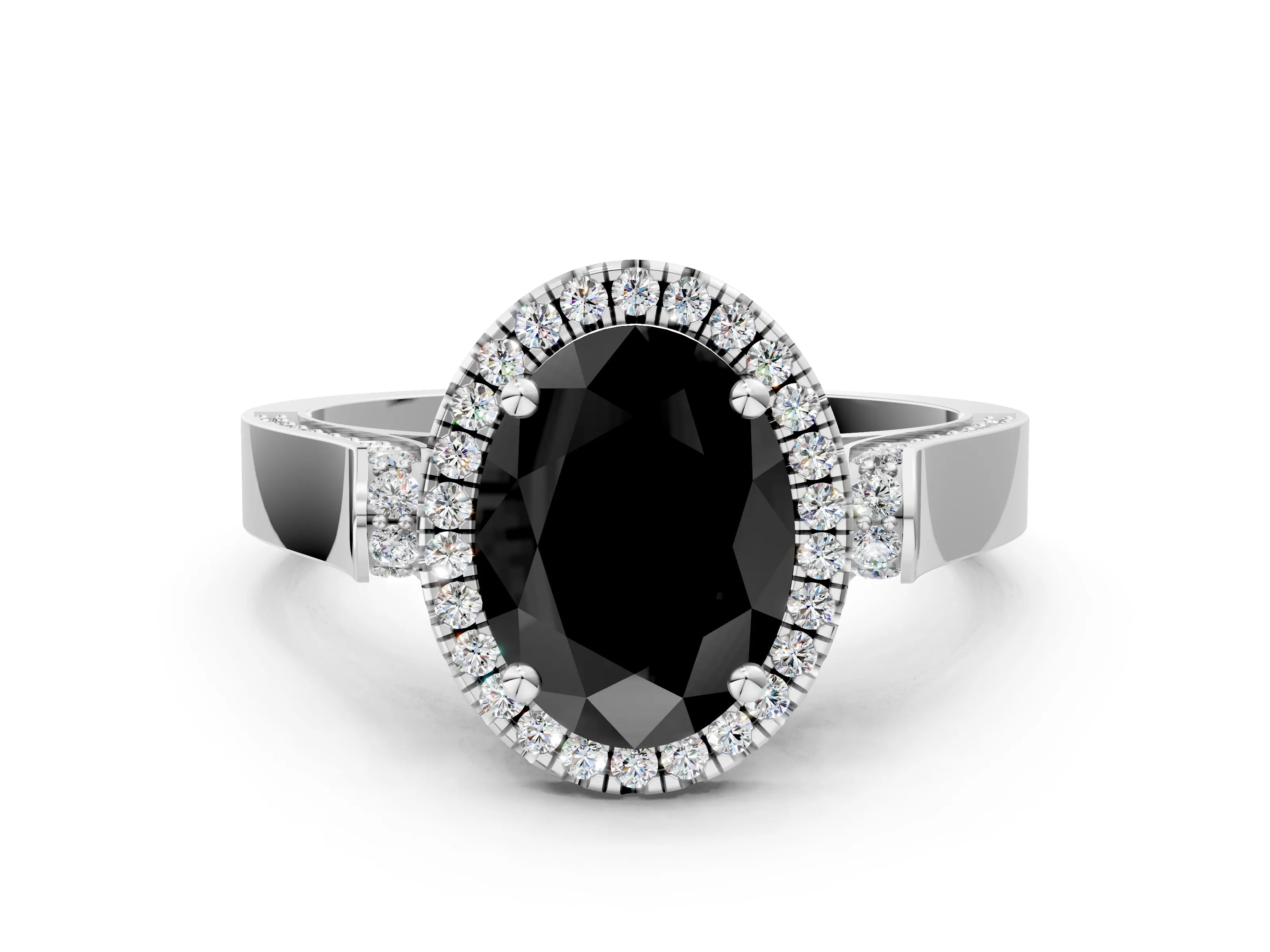 White gold Fancy Black Oval Cut Halo Round Diamond Twist Band with Four-Prong Setting_36