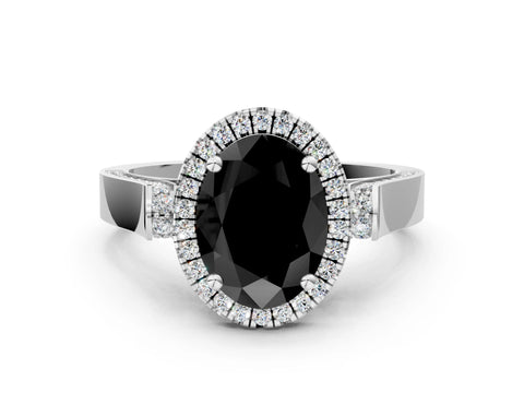 White gold Fancy Black Oval Cut Halo Round Diamond Twist Band with Four-Prong Setting_36