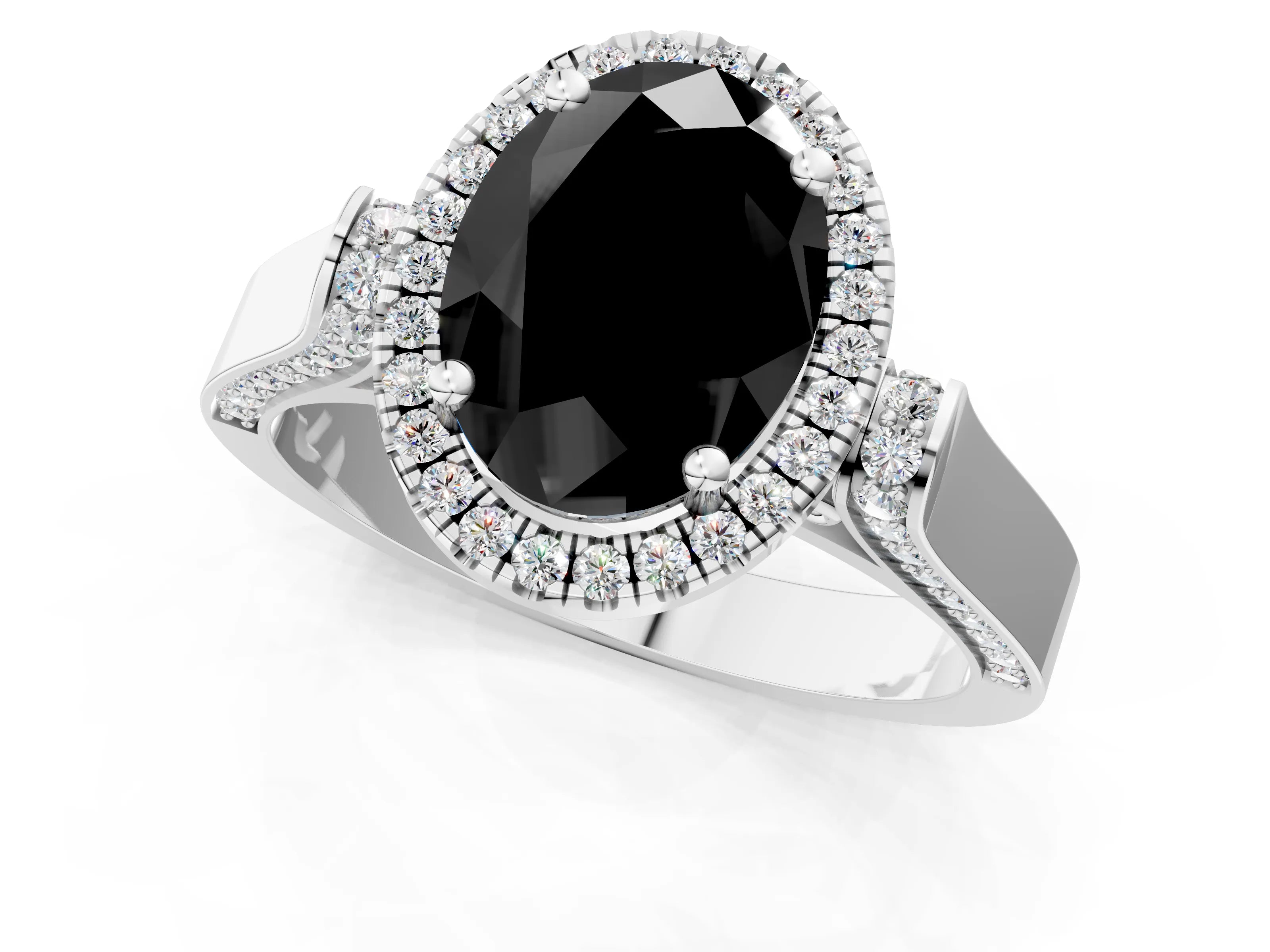 White gold Fancy Black Oval Cut Halo Round Diamond Twist Band with Four-Prong Setting_37