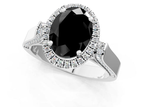 White gold Fancy Black Oval Cut Halo Round Diamond Twist Band with Four-Prong Setting_37