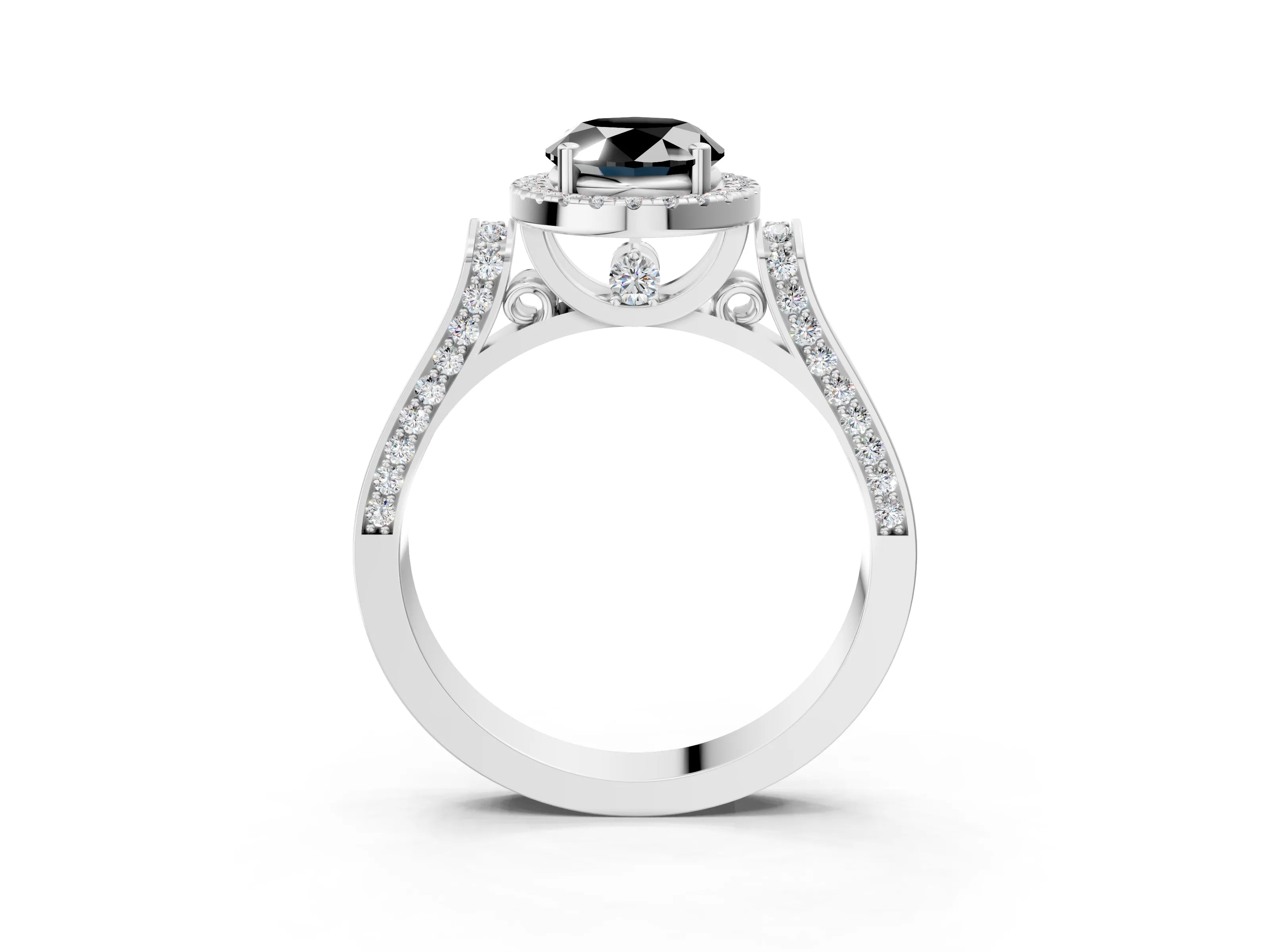 White gold Fancy Black Oval Cut Halo Round Diamond Twist Band with Four-Prong Setting_39