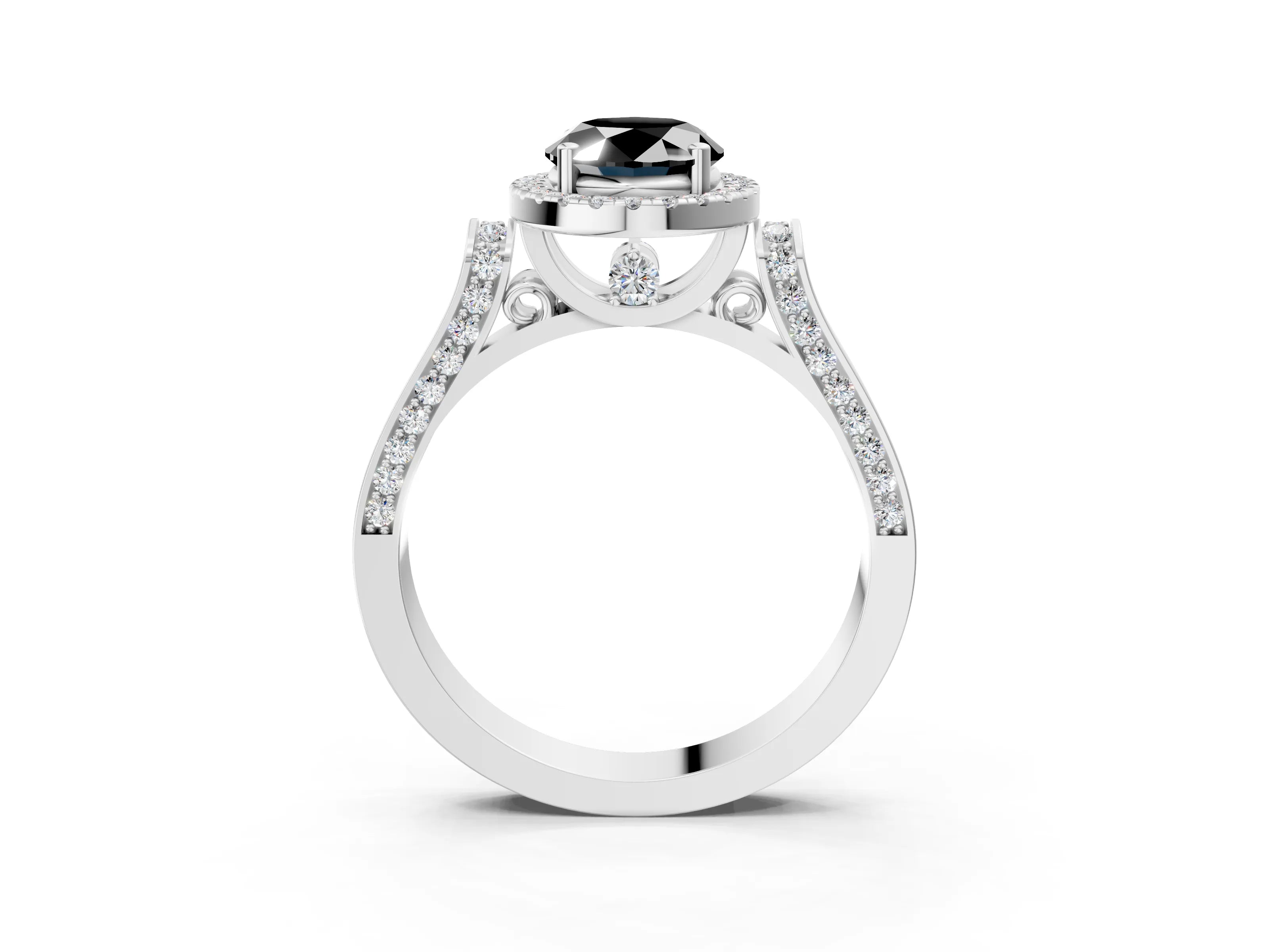 White gold Fancy Black Oval Cut Halo Round Diamond Twist Band with Four-Prong Setting_3