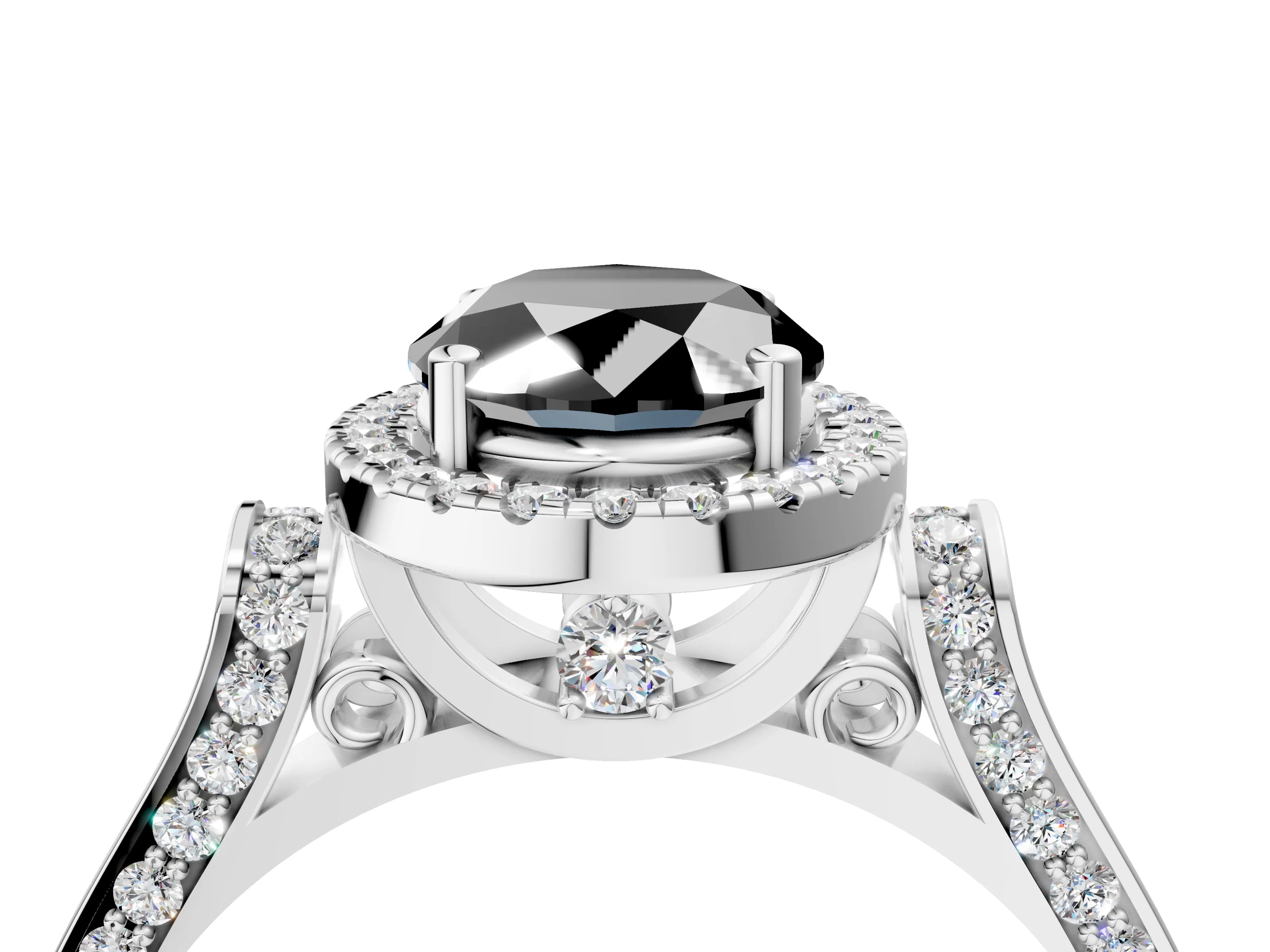 White gold Fancy Black Oval Cut Halo Round Diamond Twist Band with Four-Prong Setting_4