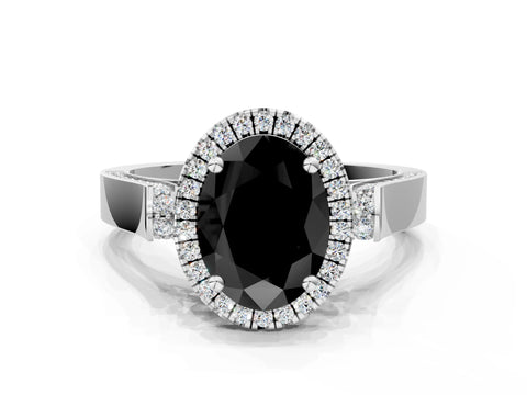 White gold Fancy Black Oval Cut Halo Round Diamond Twist Band with Four-Prong Setting