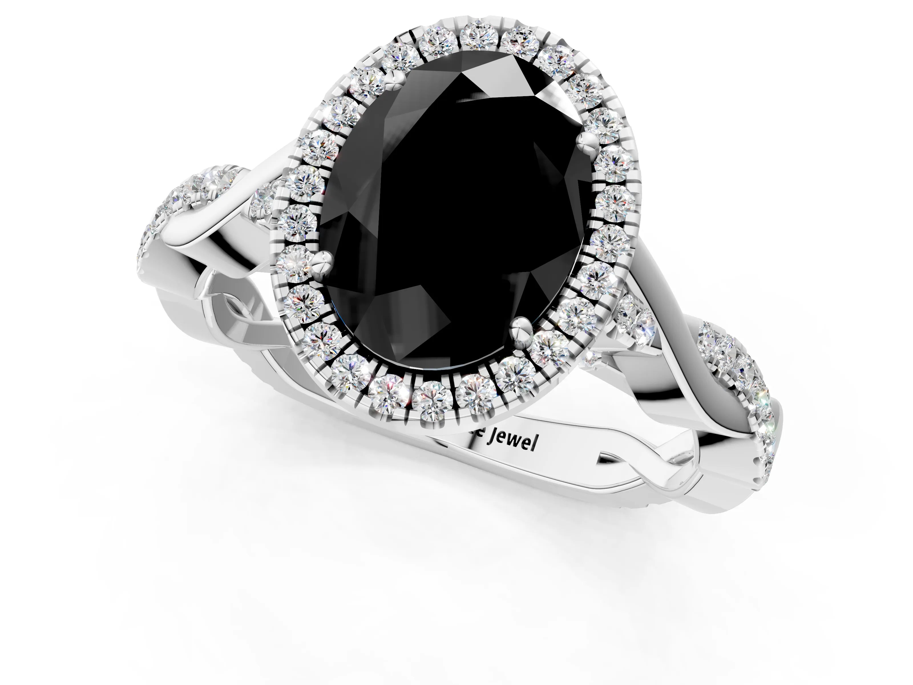 White gold Fancy Black Oval Cut Halo Twist Band with Four-Prong Setting_1