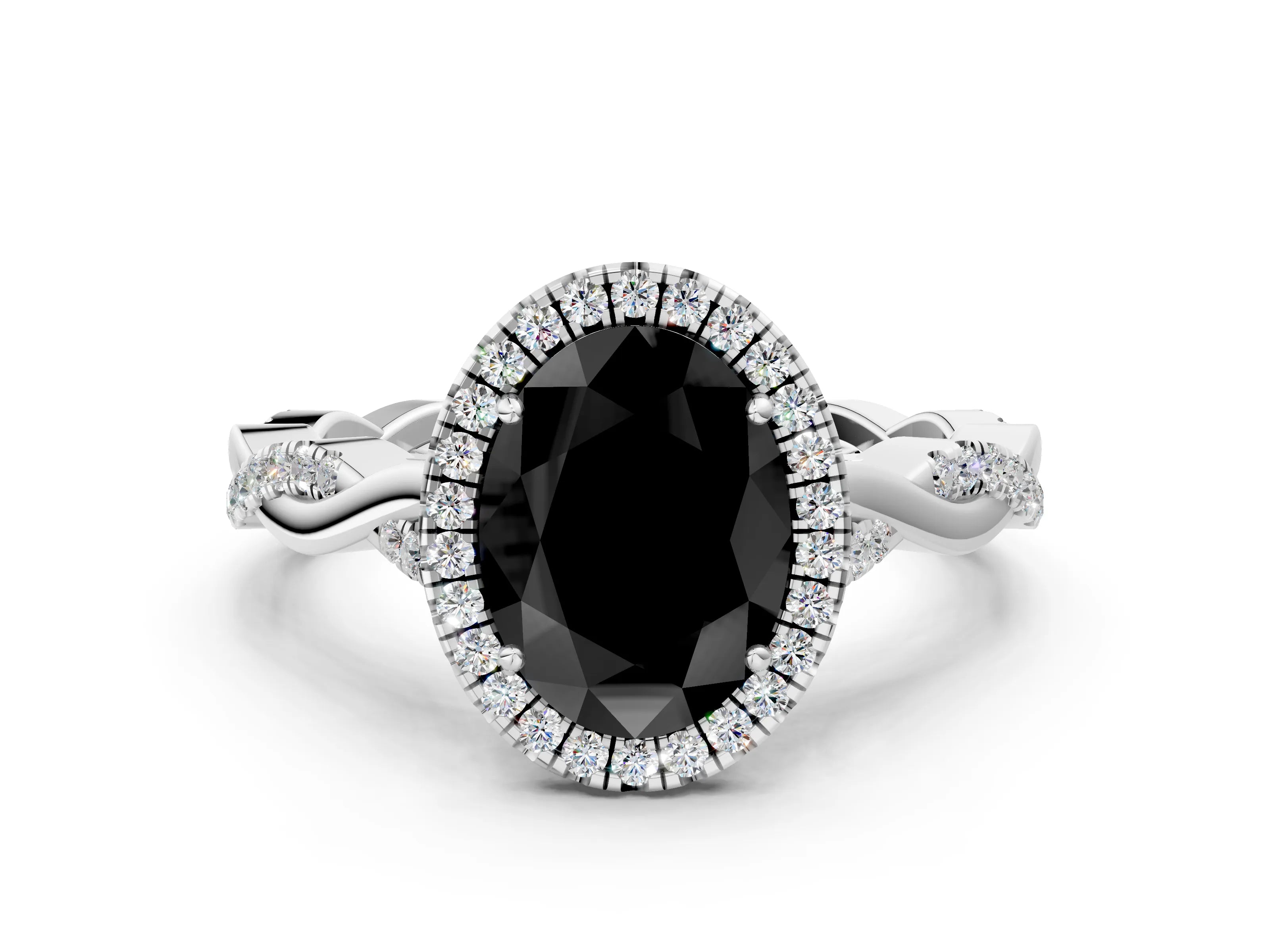 White gold Fancy Black Oval Cut Halo Twist Band with Four-Prong Setting_72