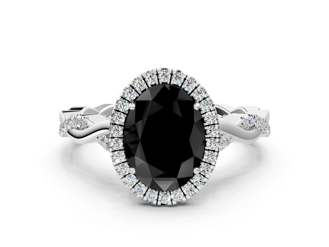 White gold Fancy Black Oval Cut Halo Twist Band with Four-Prong Setting_72