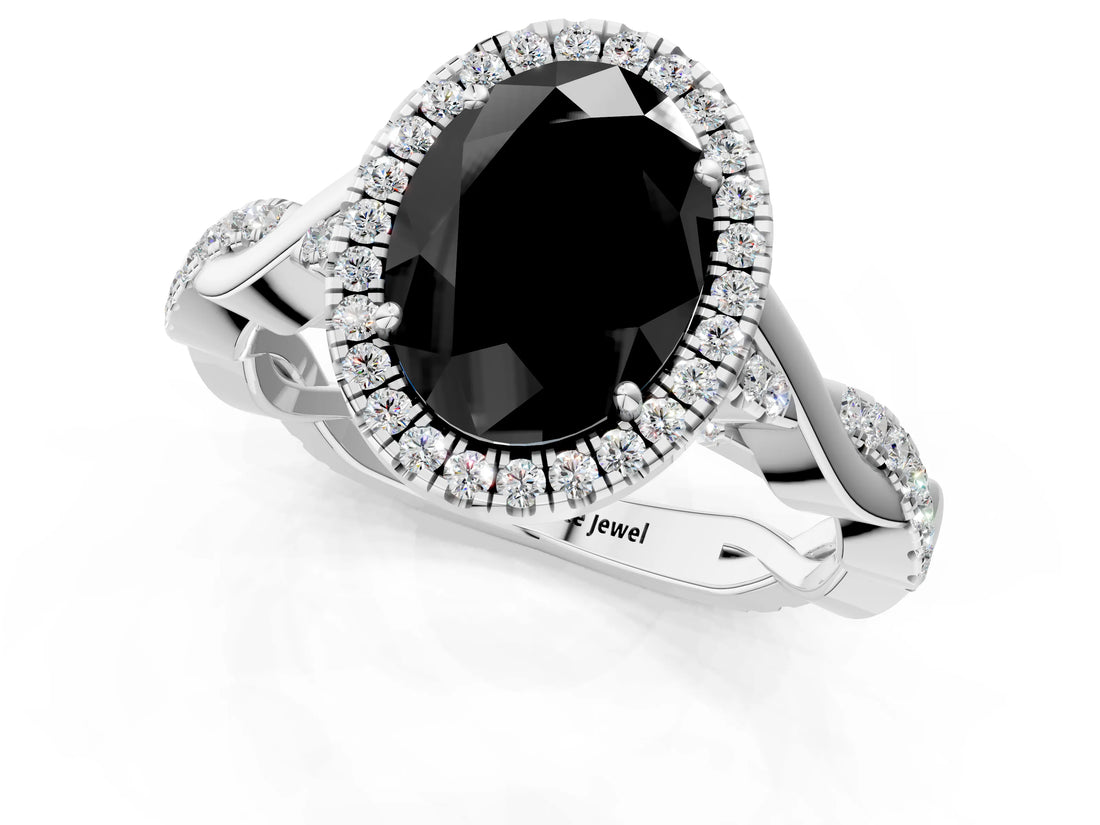 White gold Fancy Black Oval Cut Halo Twist Band with Four-Prong Setting_73