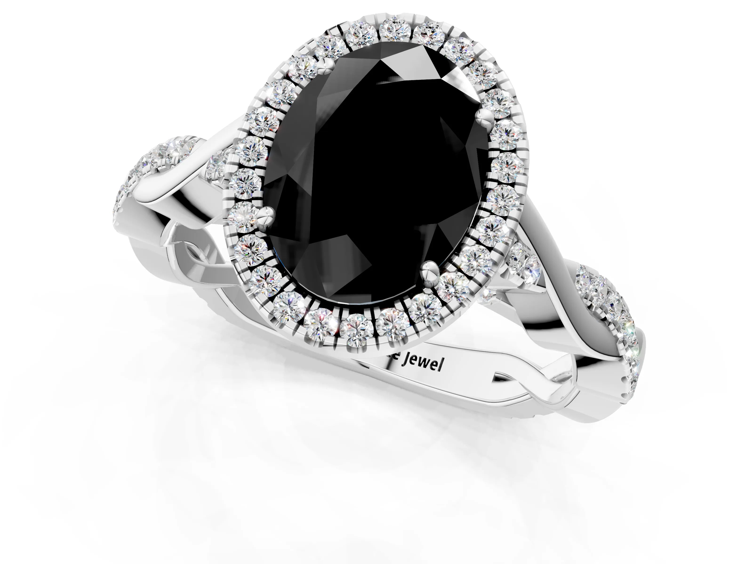 White gold Fancy Black Oval Cut Halo Twist Band with Four-Prong Setting_73