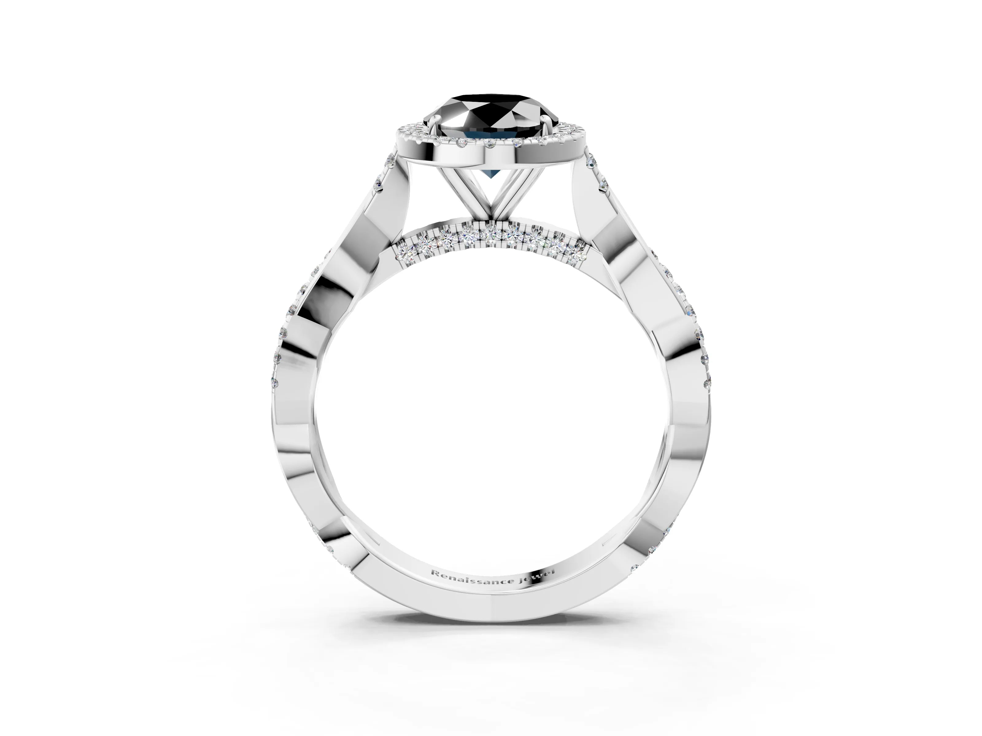 White gold Fancy Black Oval Cut Halo Twist Band with Four-Prong Setting_75