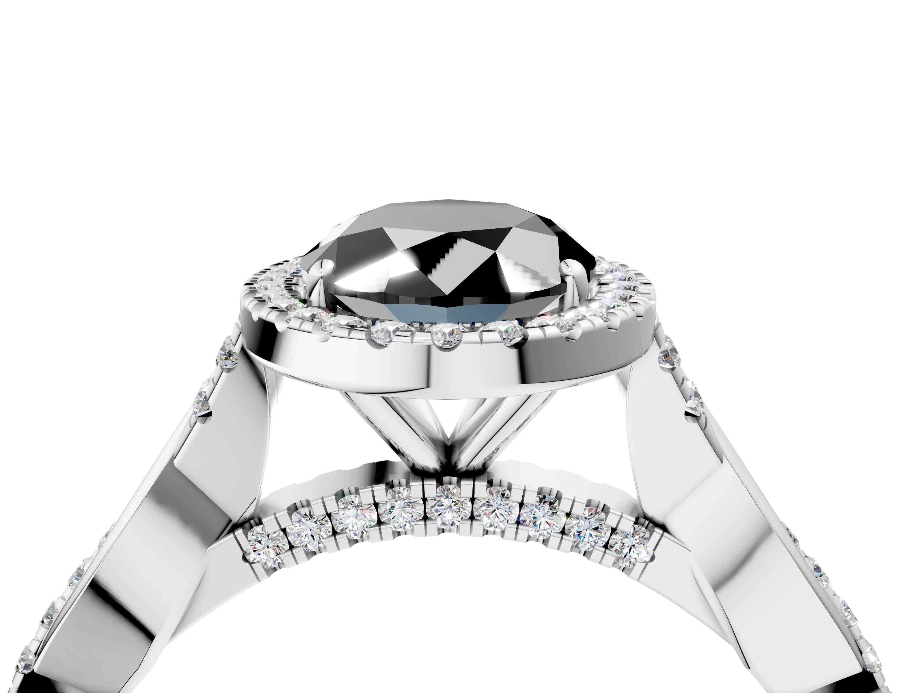 White gold Fancy Black Oval Cut Halo Twist Band with Four-Prong Setting_76