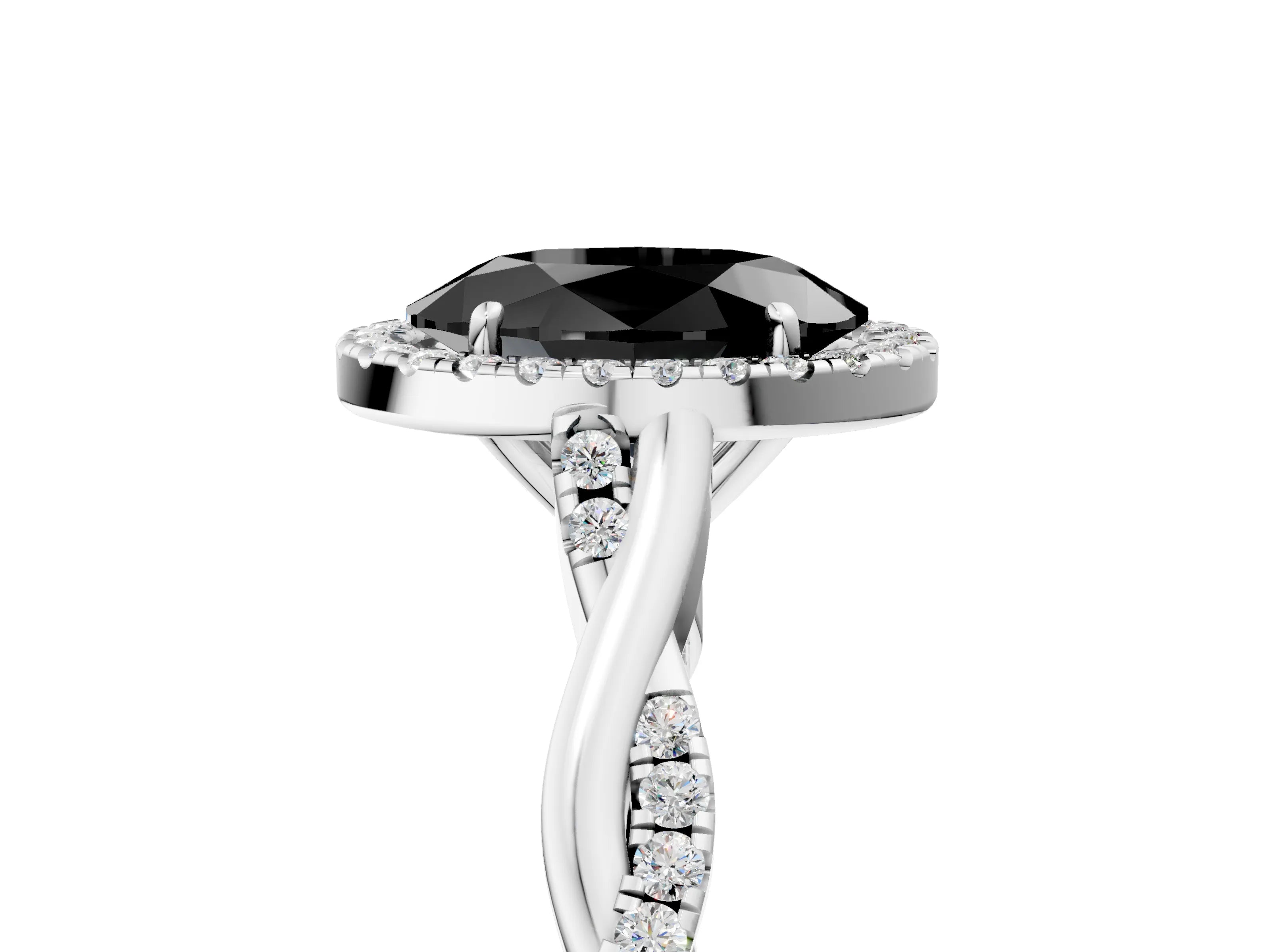 White gold Fancy Black Oval Cut Halo Twist Band with Four-Prong Setting_77