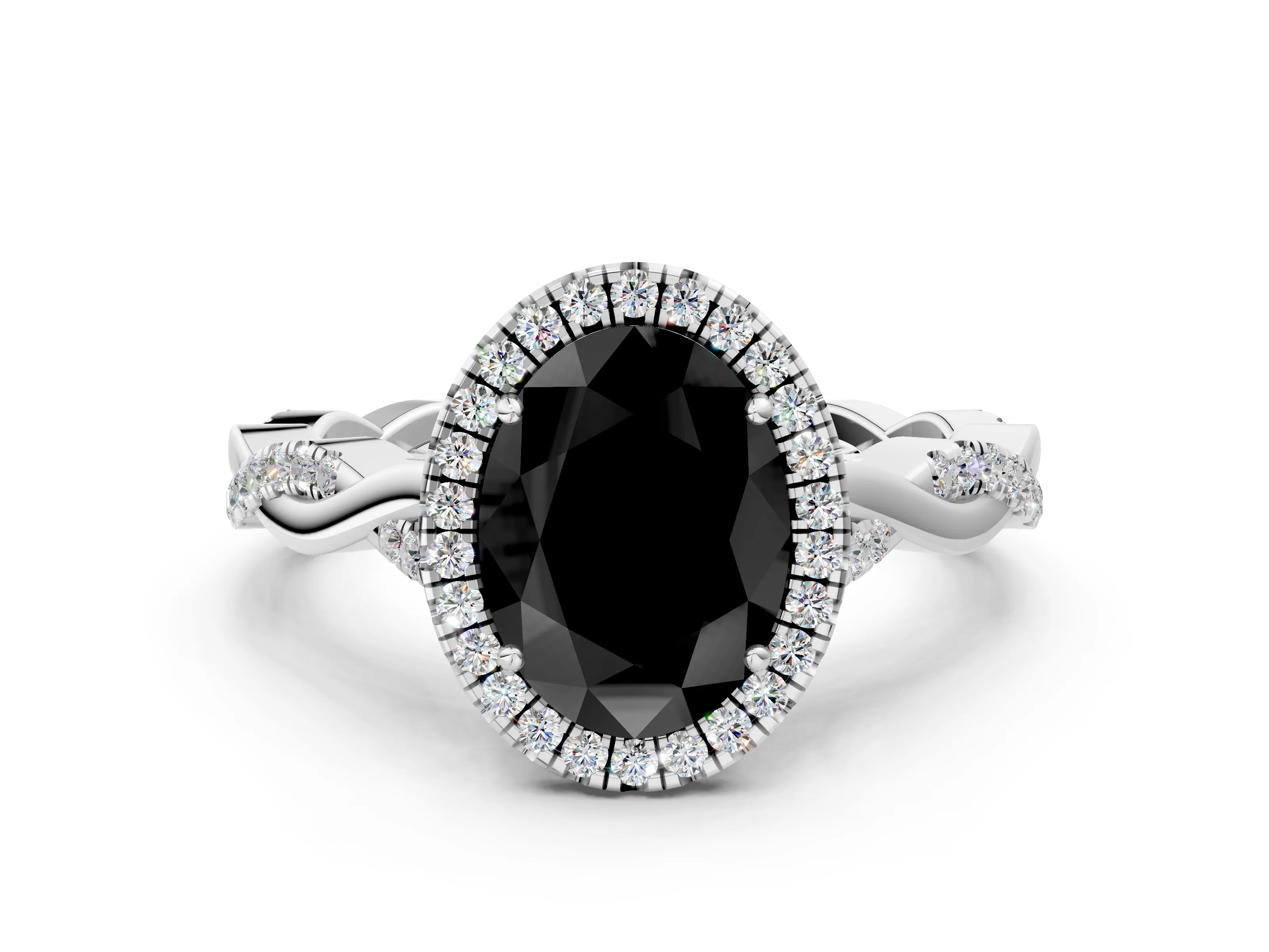 White gold Fancy Black Oval Cut Halo Twist Band with Four-Prong Setting