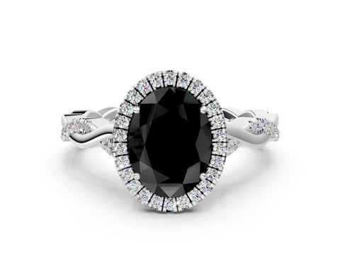 White gold Fancy Black Oval Cut Halo Twist Band with Four-Prong Setting