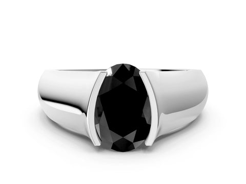 White gold Fancy Black Oval Cut Solitaire Bezel Set Diamond Ring with Wide Band_12