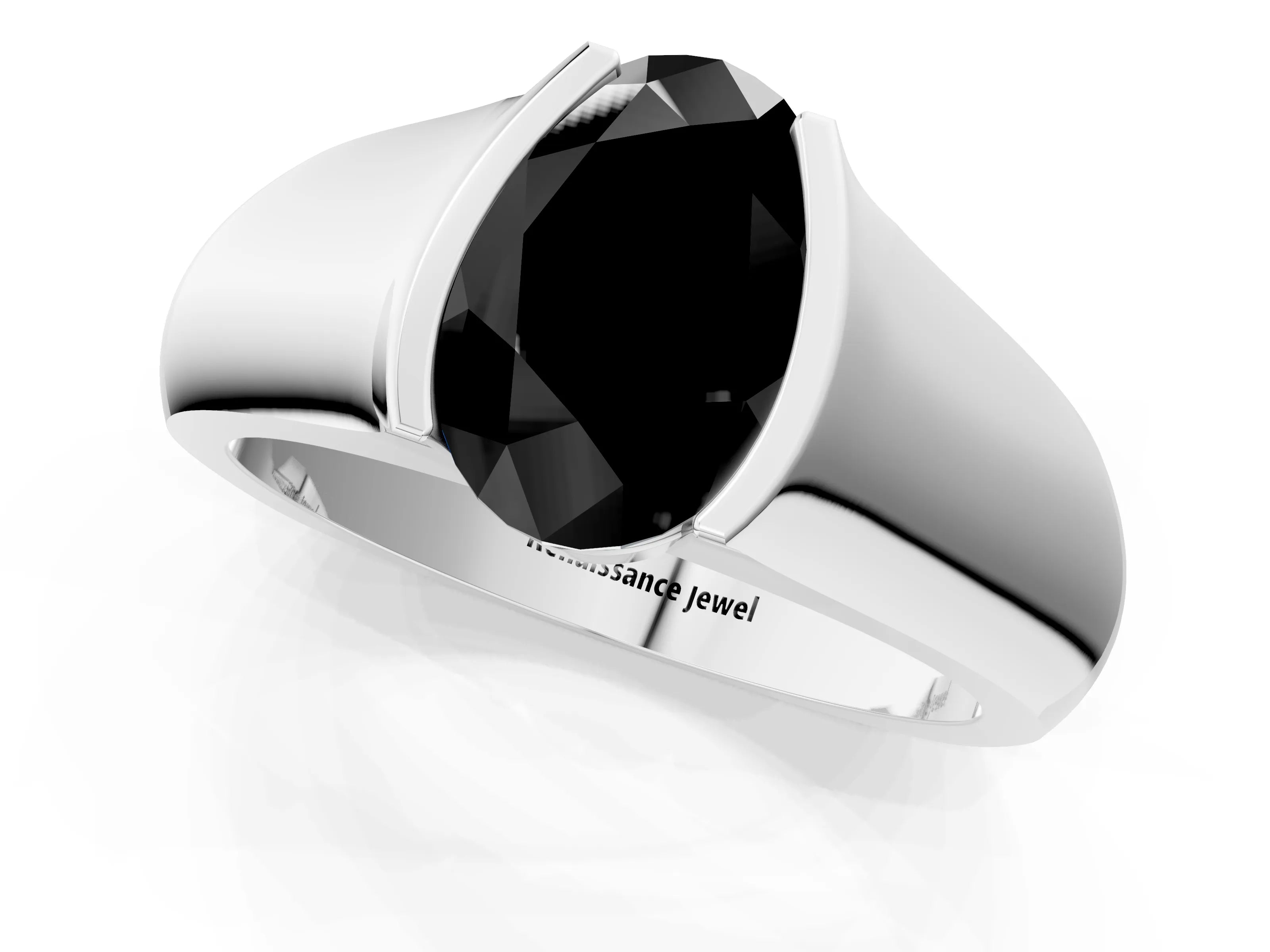 White gold Fancy Black Oval Cut Solitaire Bezel Set Diamond Ring with Wide Band_13