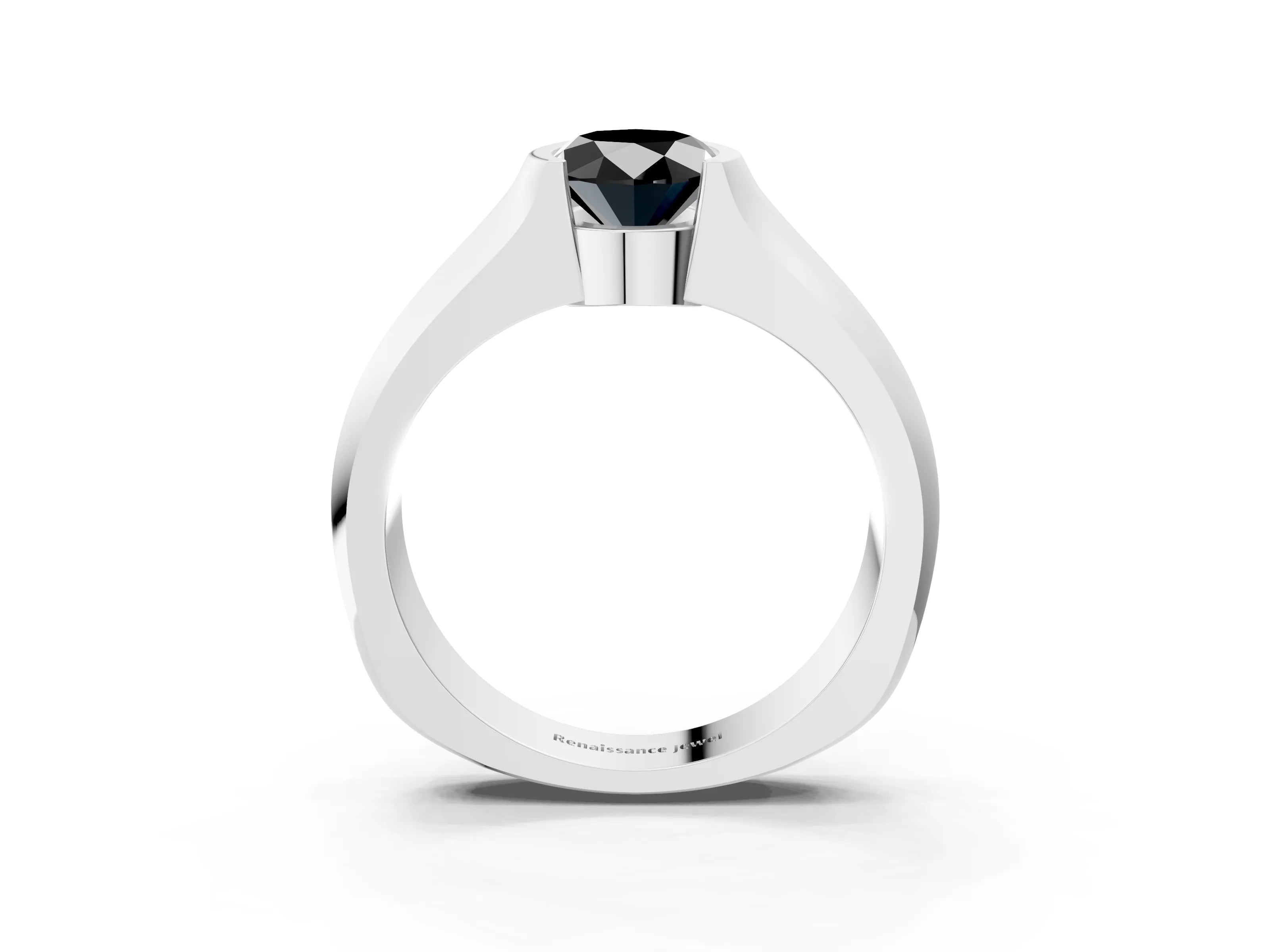 White gold Fancy Black Oval Cut Solitaire Bezel Set Diamond Ring with Wide Band_15