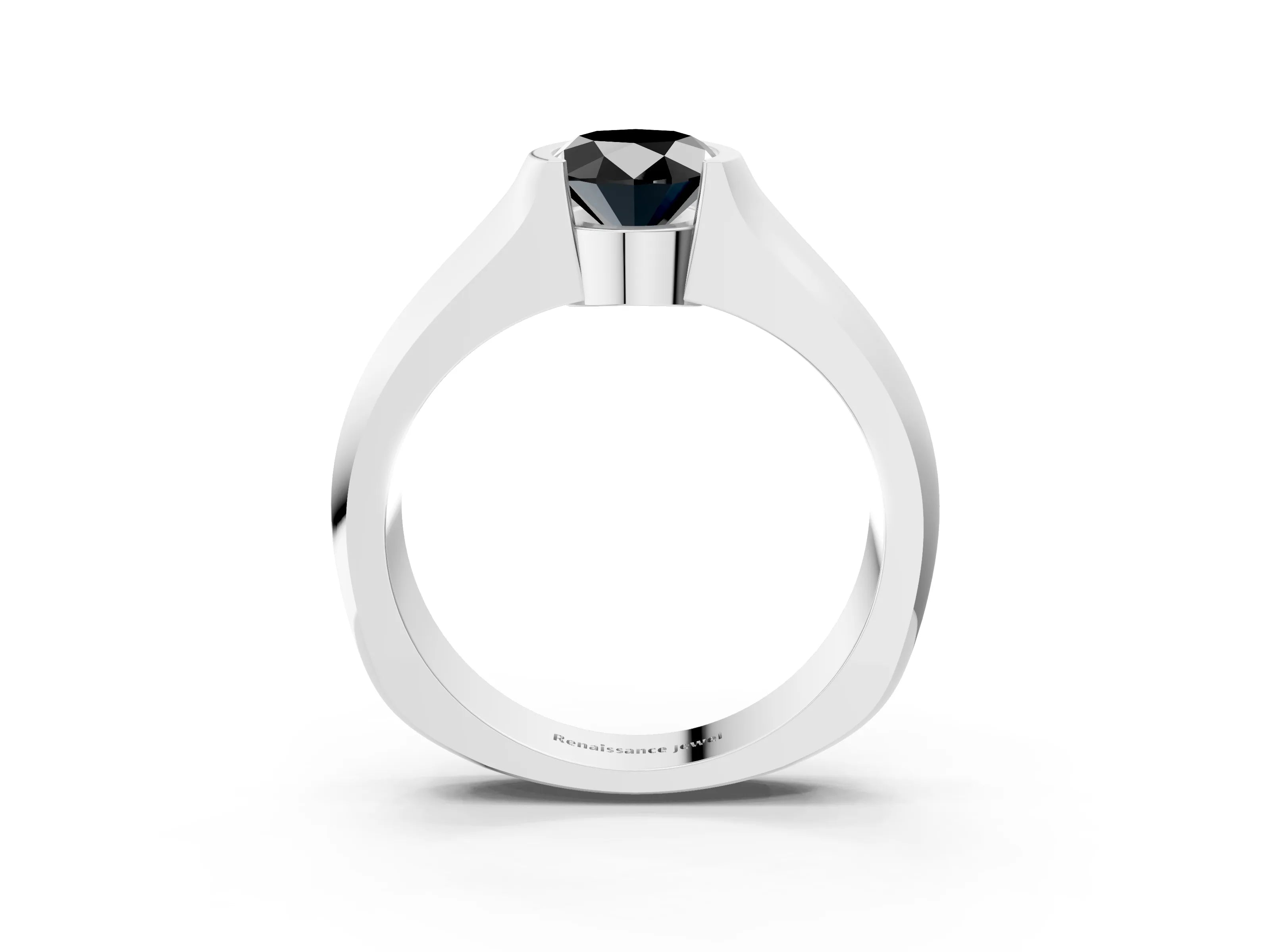 White gold Fancy Black Oval Cut Solitaire Bezel Set Diamond Ring with Wide Band_3