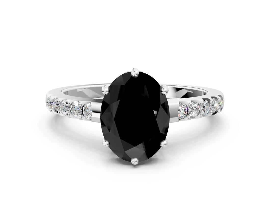 White gold Fancy Black Oval Cut Solitaire Diamond Engagement Ring with Pavé Band and Six-Prong Setting_12