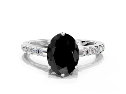 White gold Fancy Black Oval Cut Solitaire Diamond Engagement Ring with Pavé Band and Six-Prong Setting_12