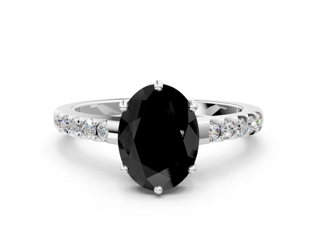 White gold Fancy Black Oval Cut Solitaire Diamond Engagement Ring with Pavé Band and Six-Prong Setting_24