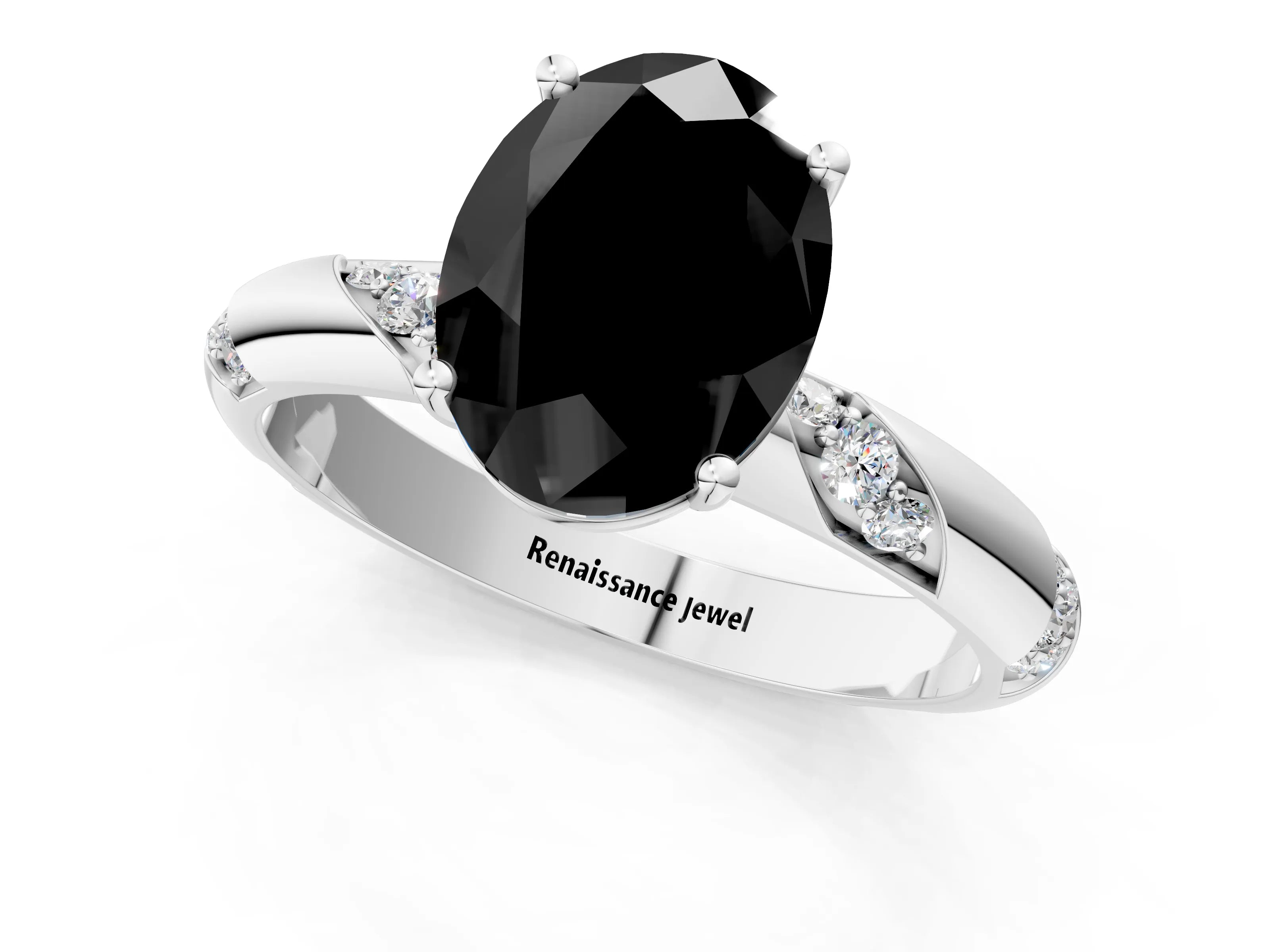 White gold Fancy Black Oval Cut Solitaire Diamond Engagement Ring with Twisted Pave Band and Four-Prong Setting_20
