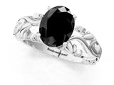 White gold Fancy Black Oval Cut Solitaire Diamond Leaf-Inspired Vine Band Ring with Prong Setting_1