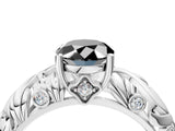 White gold Fancy Black Oval Cut Solitaire Diamond Leaf-Inspired Vine Band Ring with Prong Setting_4