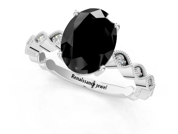White gold Fancy Black Oval Cut Solitaire Diamond Ring with Infinity Twist Band and Four-Prong Setting
