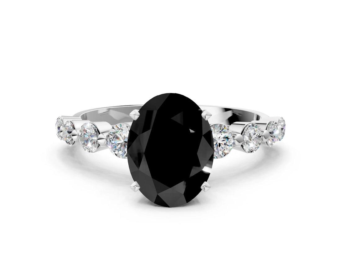 White gold Fancy Black Oval Cut Solitaire Diamond Ring with Pave Band and Four-Prong Setting