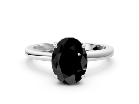 White gold Fancy Black Oval Cut Solitaire Diamond Ring with Prong Setting and Plain Band_12