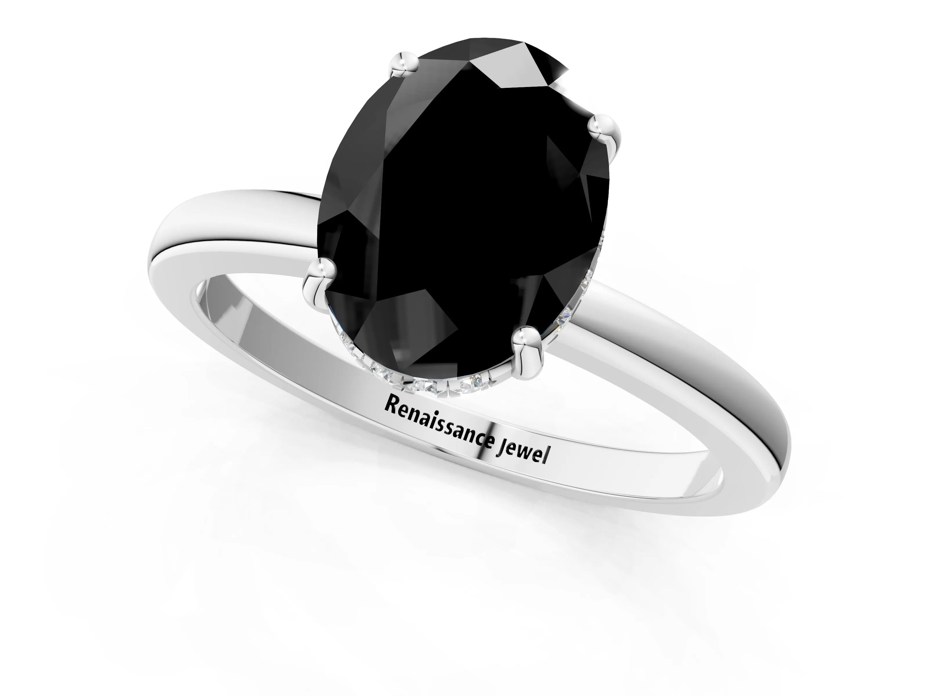 White gold Fancy Black Oval Cut Solitaire Diamond Ring with Prong Setting and Plain Band_13