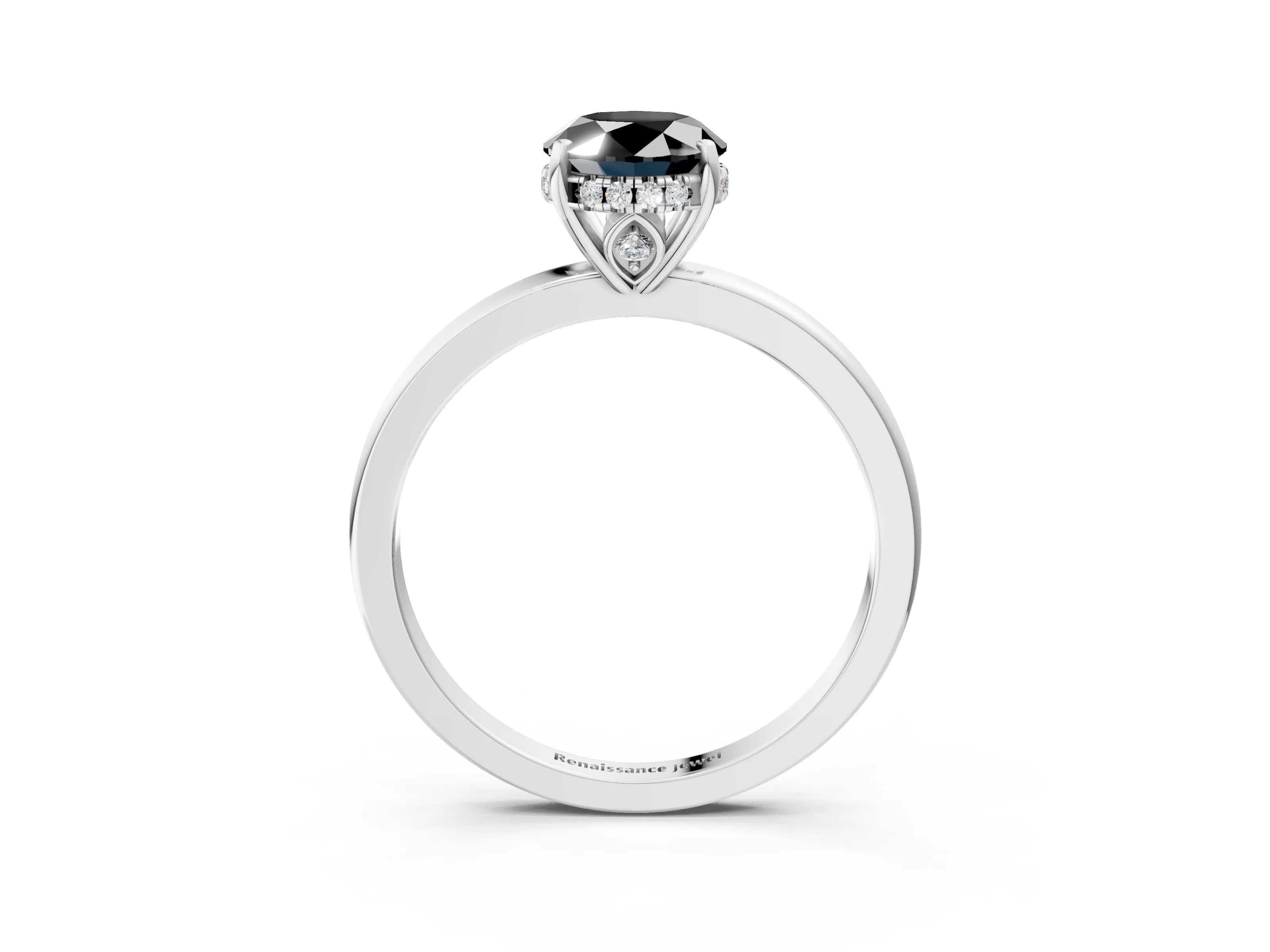 White gold Fancy Black Oval Cut Solitaire Diamond Ring with Prong Setting and Plain Band_15