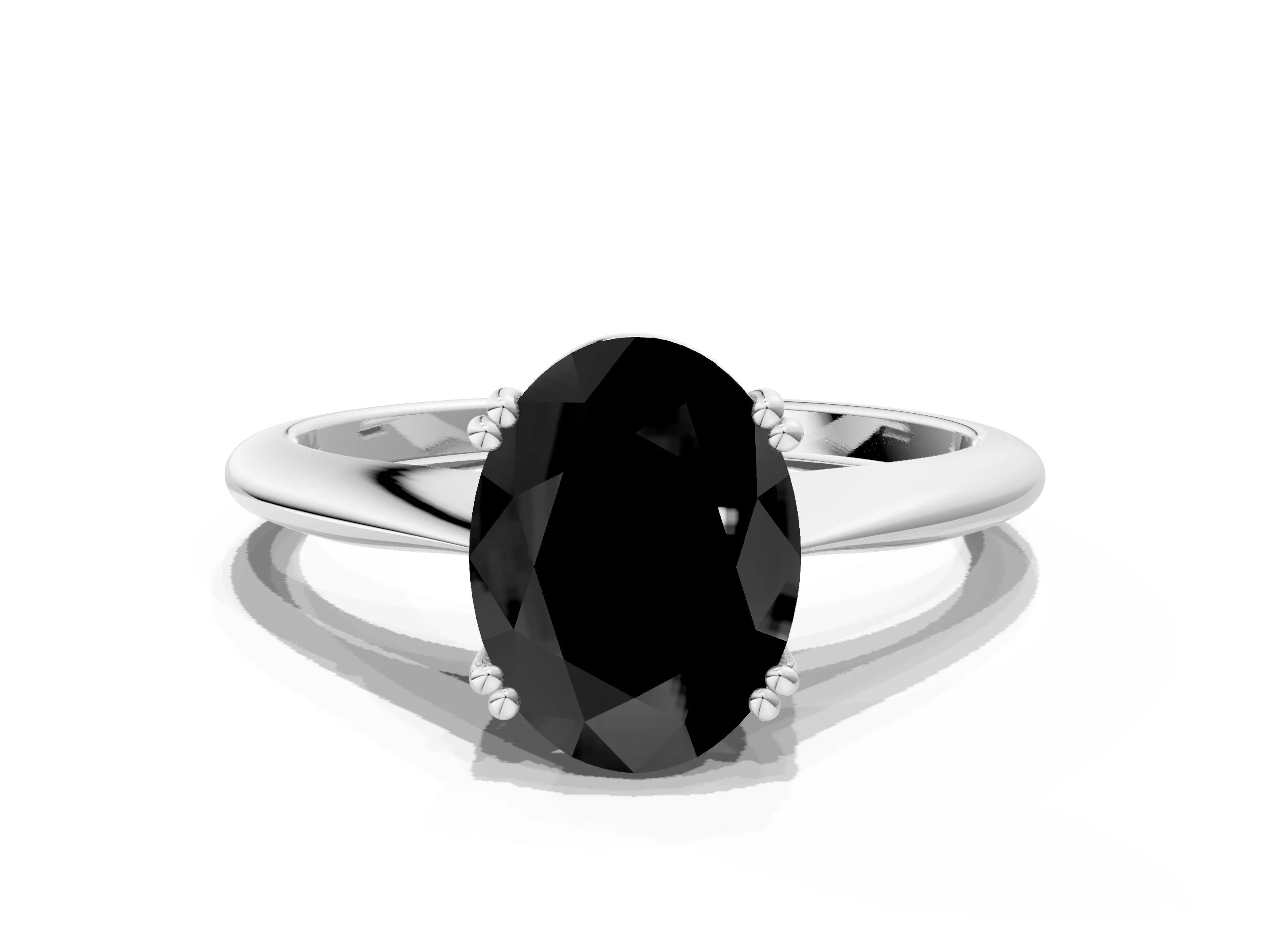 White gold Fancy Black Oval Cut Solitaire Diamond Ring with Six-Prong Setting and Classic Band