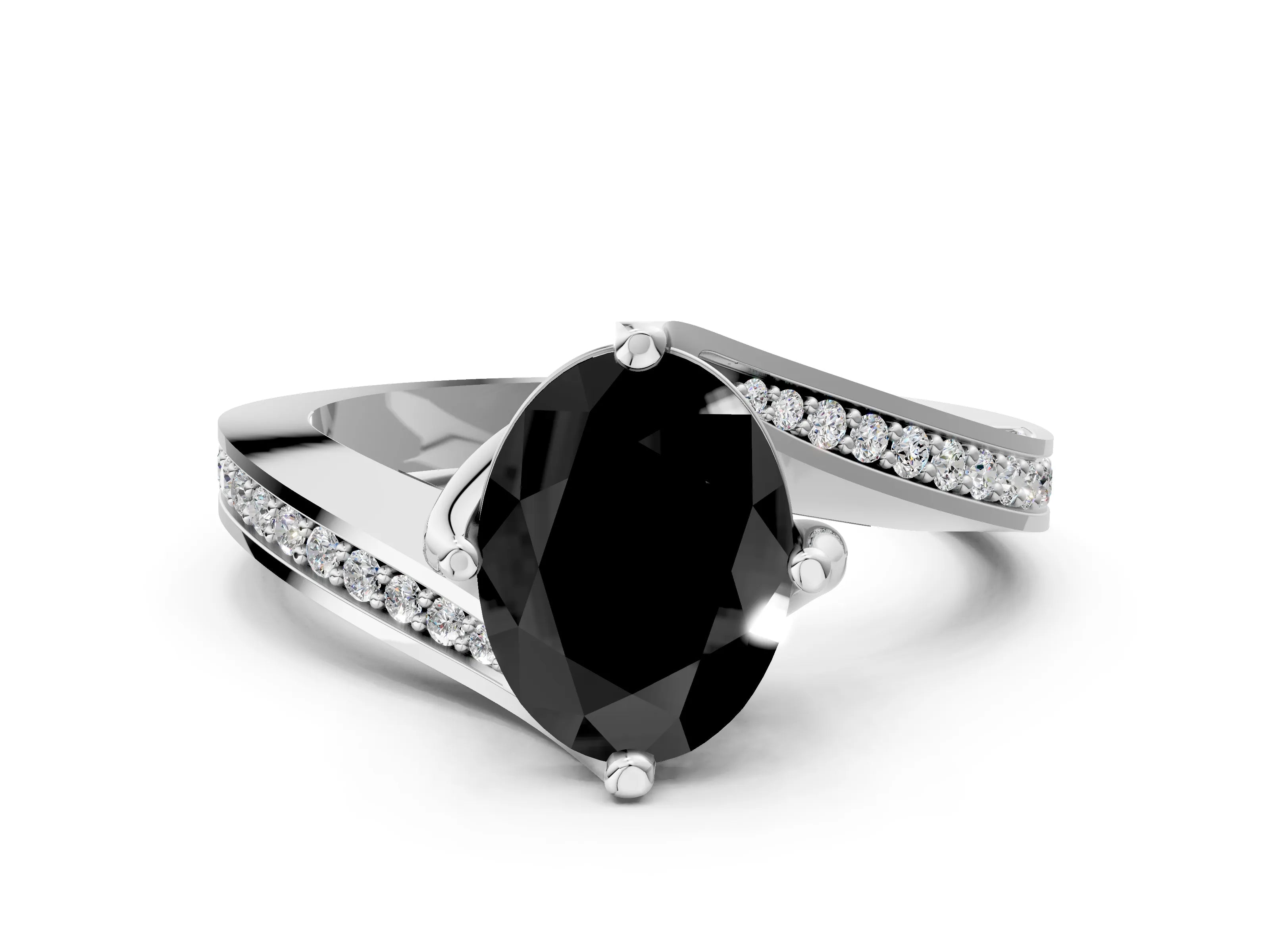 White gold Fancy Black Oval Cut Solitaire Diamond Twist Band with Pavé Setting and Four-Prong Setting_12