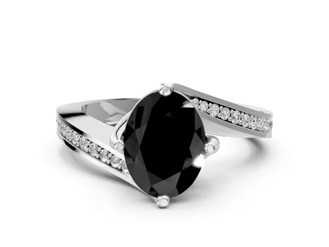 White gold Fancy Black Oval Cut Solitaire Diamond Twist Band with Pavé Setting and Four-Prong Setting_12
