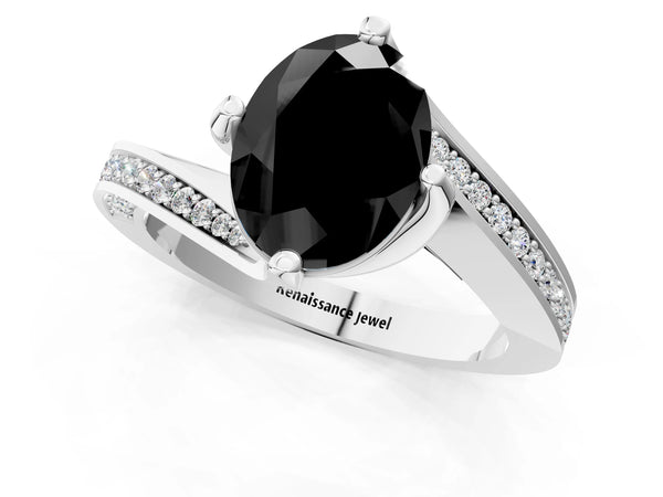 Platinum Oval Bypass Solitaire Engagement Ring Setting for Black Center with Swirl Pave Band
