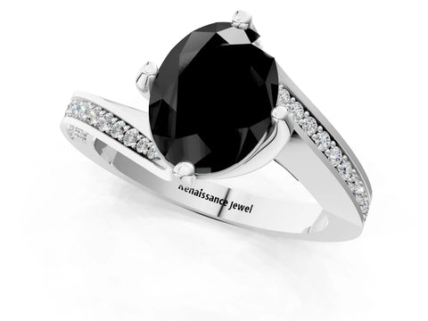 White gold Fancy Black Oval Cut Solitaire Diamond Twist Band with Pavé Setting and Four-Prong Setting_13