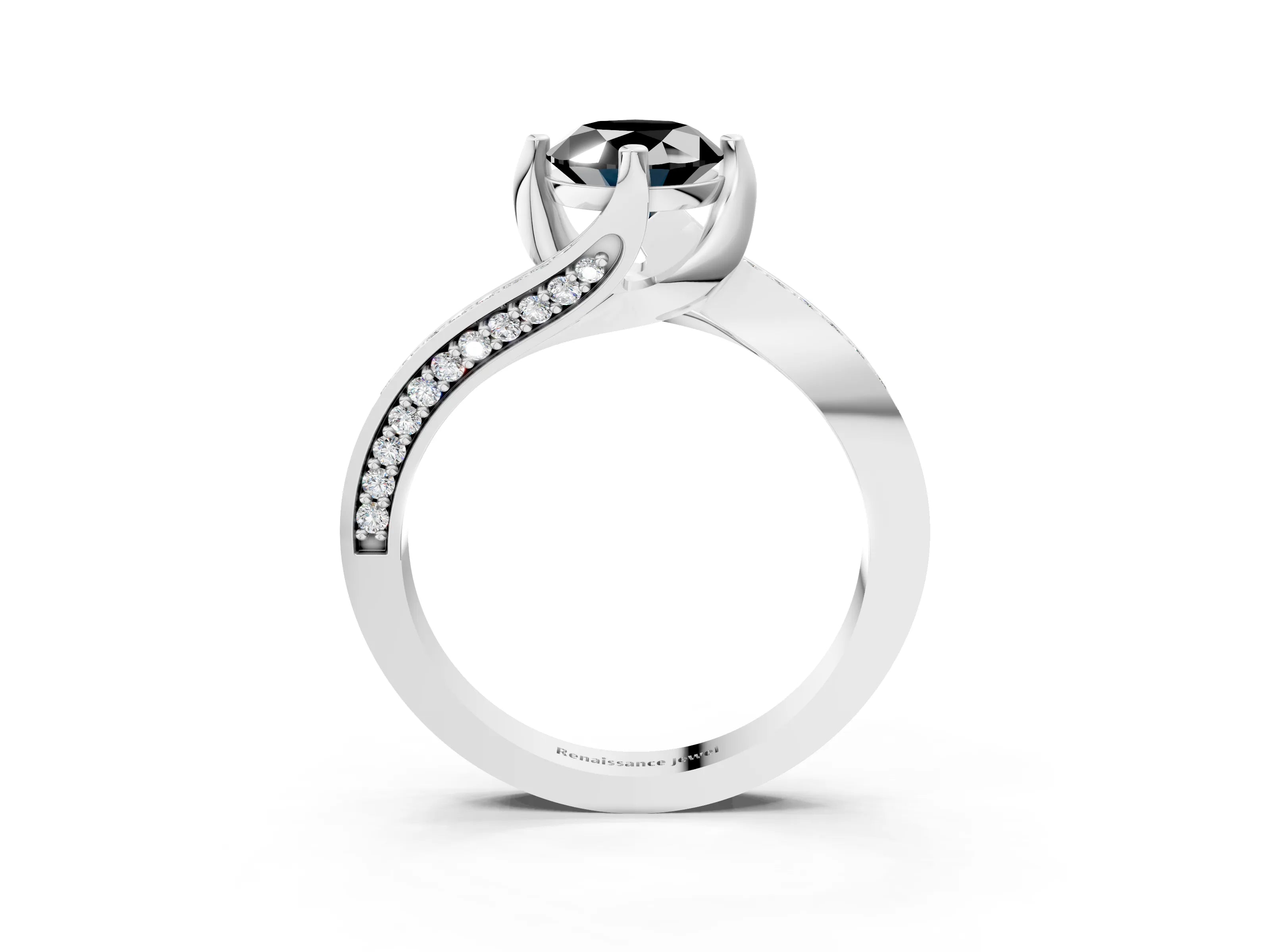White gold Fancy Black Oval Cut Solitaire Diamond Twist Band with Pavé Setting and Four-Prong Setting_15